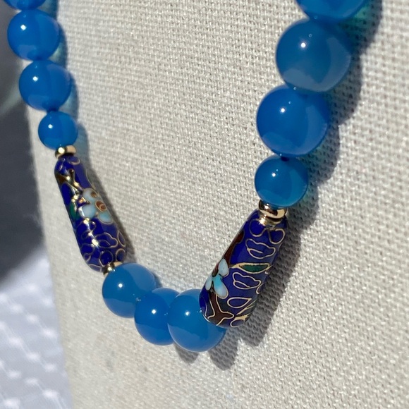 14k Gold Blue Cloisonné & Jadeite Jade Bead Necklace 24" - Picture 4 of 15